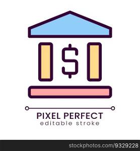 Bank building pixel perfect RGB color icon. Financial operations and transactions. Money and economy. Isolated vector illustration. Simple filled line drawing. Editable stroke. Poppins font used. Bank building pixel perfect RGB color icon