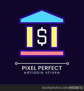 Bank building pixel perfect RGB color icon for dark theme. Financial operations and transactions. Simple filled line drawing on night mode background. Editable stroke. Poppins font used. Bank building pixel perfect RGB color icon for dark theme