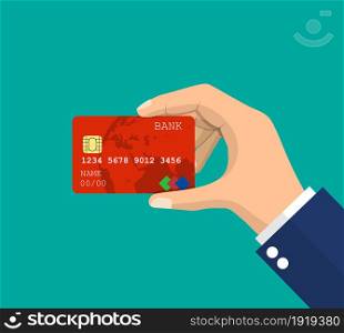 Bank card, credit card in hand. Modern payment system with chip and contactless payment symbol. Vector illustration in flat style. Bank card, credit card in hand.