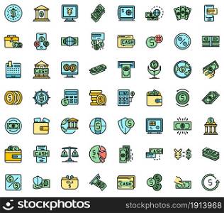 Bank cash icons set. Outline set of bank cash vector icons thin line color flat isolated on white. Bank cash icons set line color vector