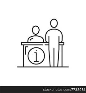 Bank cashier behind cash department window isolated thin line icon. Vector customer support, person assistance help board, support center worker, computer operator ready to help, instruction guide. Receptionist support center worker at help desk