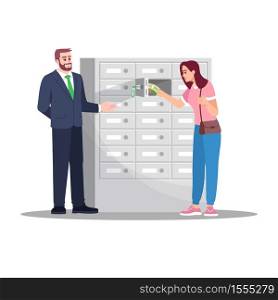 Bank cell storage semi flat RGB color vector illustration. Woman put money for deposit. Bank advisor. Financial consultant with female customer isolated cartoon character on white background. Bank cell storage semi flat RGB color vector illustration