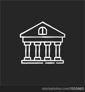 Bank chalk white icon on black background. Classic building with pillars. Government building. University structure. Financial service, bank account. Isolated vector chalkboard illustration. Bank chalk white icon on black background