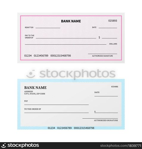 Bank check. Blank cheque checkbook with guilloche pattern and watermark. Unfilled payment paper sheets template. Empty banking coupon or certificate mockup design for branding. Vector paybills set. Bank check. Blank cheque checkbook with guilloche pattern and watermark. Unfilled payment paper template. Banking coupon or certificate mockup design for branding. Vector paybills set