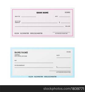 Bank check. Blank cheque checkbook with guilloche pattern and watermark. Unfilled payment paper sheets template. Empty banking coupon or certificate mockup design for branding. Vector paybills set. Bank check. Blank cheque checkbook with guilloche pattern and watermark. Unfilled payment paper template. Banking coupon or certificate mockup design for branding. Vector paybills set