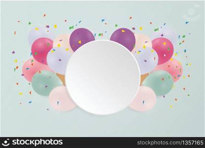 Bank circle template with balloons pastel and confetti background. Vector illustration.
