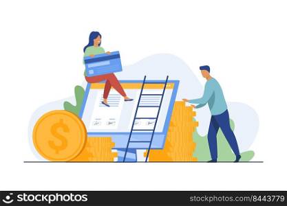 Bank client ordering credit card online. Woman at monitor with signed agreement, money, cash flat vector illustration. Online bank service concept for banner, website design or landing web page