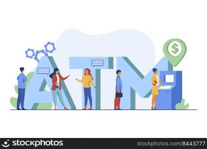 Bank clients using ATM. People waiting in queue, talking, keeping social distance flat vector illustration. Public place, banking, finance concept for banner, website design or landing web page