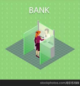 Bank concept vector concept in isometric projection. Read-head woman gives money cashier on cash register. Illustration for business, finance companies ad, apps design, icons, infographics. . Bank Concept Vector in Isometric Projection.. Bank Concept Vector in Isometric Projection.