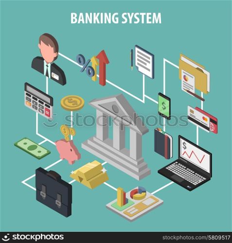 Bank concept with isometric financial and investment icons vector illustration. Isometric Bank Concept
