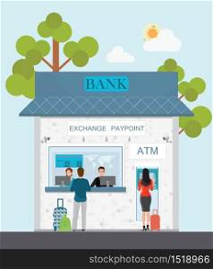 Bank counter currency exchange service and atm with customer, cash box ,Banking and finance concept design element in flat style Vector illustration.