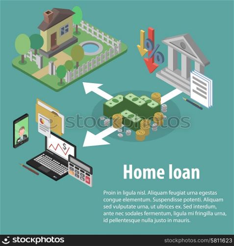 Bank credit and home loan concept with isometric house and financial icons vector illustration. Bank Credit Isometric