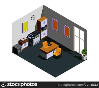 Bank customer assistant clerk office interior isometric view with desk cash box and fax printer vector illustration . Bank Office Interior Isometric Composition 