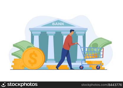 Bank customer getting loan. Man wheeling cart with cash flat vector illustration. Finance, money, banking, service concept for banner, website design or landing web page