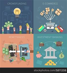 Bank design concept set with crowdfunding e-commerce investments flat icons isolated vector illustration. Bank Design Concept Set