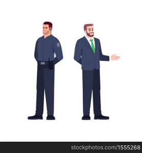 Bank employees semi flat RGB color vector illustration set. Businessman in suit. Police officer. Financial advisor and security guard isolated cartoon character on white background collection. Bank employees semi flat RGB color vector illustration set