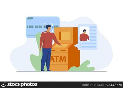 Bank face recognition technology. Man using ATM with face scanning flat vector illustration. Finance, safety, security, access concept for banner, website design or landing web page