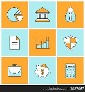 Bank finance linear icons set. Stock trading and exchange line symbols. Forex investment market color pictograms. Online banking customer service. Money security. Vector finance infographic elements. Bank finance linear icons set