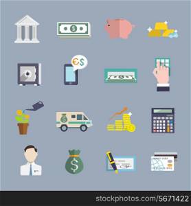 Bank financial safety and growth service flat icons set isolated vector illustration