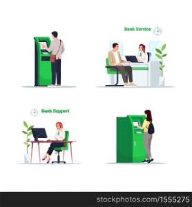 Bank financial service semi flat RGB color vector illustration set. Man use self serving kiosk. Online support advisor. Managers and customers isolated cartoon character on white background collection. Bank financial service semi flat RGB color vector illustration set