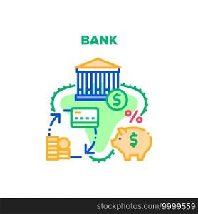 Bank Financial Vector Icon Concept. Commercial Bank Building For Servicing Client For Safe Money Finance, Deposit And Credit. Exchange Coin Cash, Card And Banking Color Illustration. Bank Financial Vector Concept Color Illustration