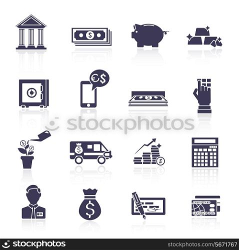 Bank financial wealth and growth service black icons set isolated vector illustration