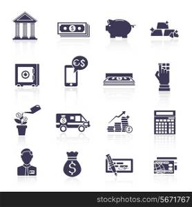 Bank financial wealth and growth service black icons set isolated vector illustration