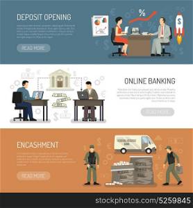 Bank Horizontal Banners. Horizontal banners set with encashment online banking and deposit opening in bank office flat isolated vector illustration