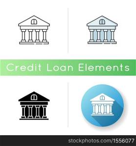 Bank icon. Classic building with pillars. Government building. Official institution exterior. Financial service, bank account. Linear black and RGB color styles. Isolated vector illustrations. Bank icon