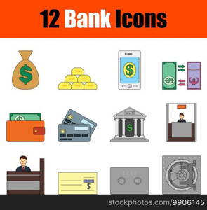 Bank Icon Set. Flat Color Outline Design With Editable Stroke. Vector Illustration.