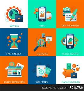 Bank icons set with services profit offline payments time is money isolated vector illustration