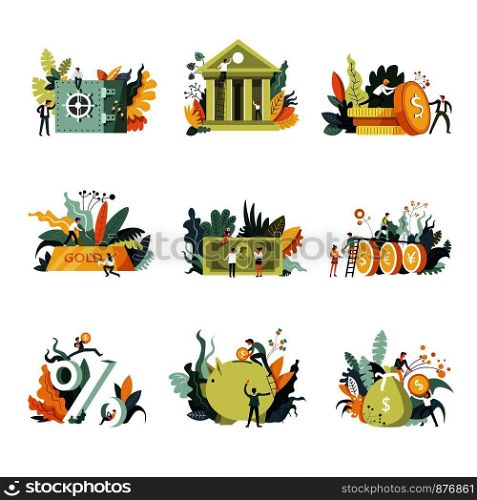 Bank institution saving money and banknotes set vector. People with dollar coins and cash putting them into piggy. Flowers and floral decorative elements of strong box, save capital with percents. Bank institution saving money and banknotes set vector