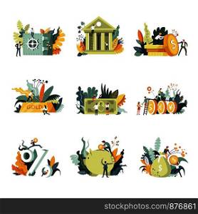 Bank institution saving money and banknotes set vector. People with dollar coins and cash putting them into piggy. Flowers and floral decorative elements of strong box, save capital with percents. Bank institution saving money and banknotes set vector