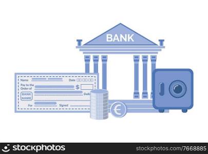 Bank institution vector, building in classic style with columns, flat style isolated banking service, check and strongbox keeping financial assets. Bank and Strongbox, Check Paper with Name Set