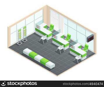 Bank Interior Concept. Color isometric concept of bank manager room with green and white palette vector illustration