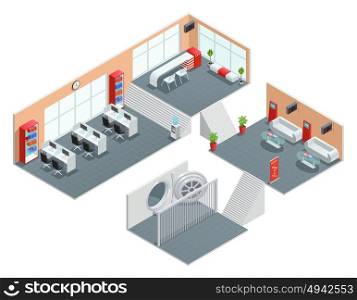 Bank Interior Design. Color isometric design of bank room safe foyer manager vector illustration