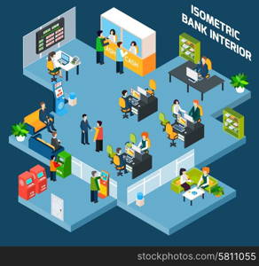 Bank interior isometric with 3d office and business people vector illustration. Bank Interior Isometric