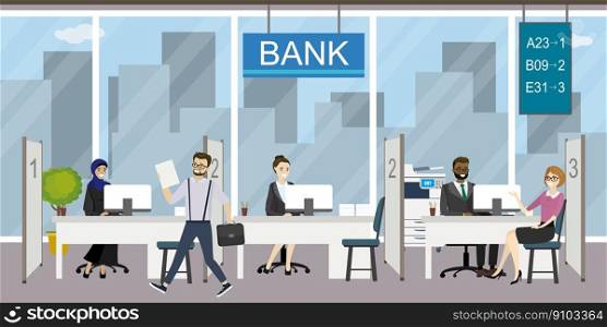 Bank interior with cashier and consulting or loan department.Cartoon people clients and bank staff or managers.Male and female business characters. Flat vector illustration