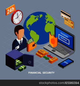 Bank isometric composition of conceptual icons and pictograms for banking systems with electronic equipment and safe vector illustration. Financial Security Isometric Composition