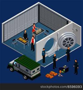 Bank isometric composition with view of safety deposit box room and cash delivery vehicle with officials vector illustration. Cash Transit Storage Composition