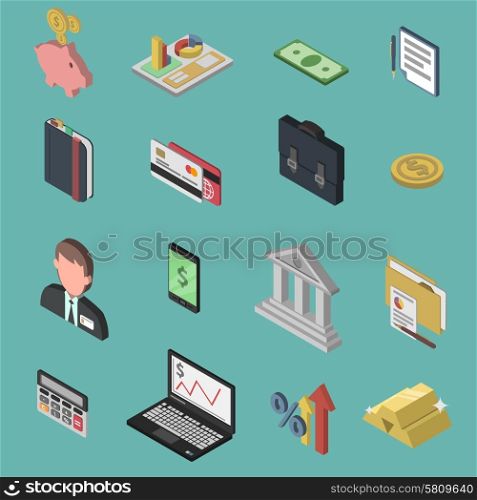 Bank isometric icon set with 3d briefcase money exchange businessman isolated vector illustration. Bank Isometric Icon Set