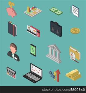 Bank isometric icon set with 3d briefcase money exchange businessman isolated vector illustration. Bank Isometric Icon Set