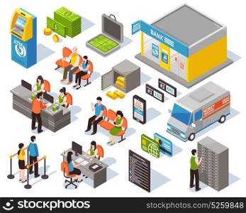 Bank Isometric Set. Bank isometric set including staff and visitors, office interior elements, atm and money, transportation isolated vector illustration