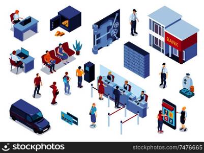 Bank isometric set with employees customers atm credit cards elements of office interior and security isolated vector illustration