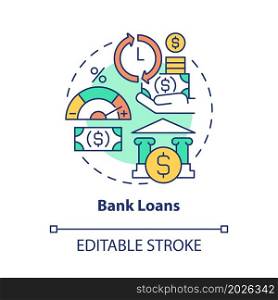 Bank loans concept icon. Getting money for business development. Financing startup boost abstract idea thin line illustration. Vector isolated outline color drawing. Editable stroke. Bank loans concept icon