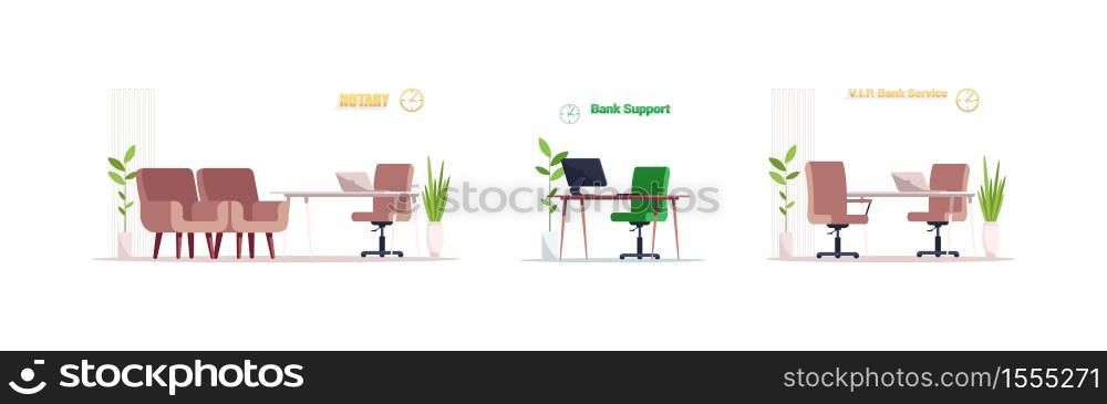 Bank lobby furniture semi flat RGB color vector illustration set. Waiting area indoors. Desk and chair for financial consultation isolated cartoon object on white background collection. Bank lobby furniture semi flat RGB color vector illustration set