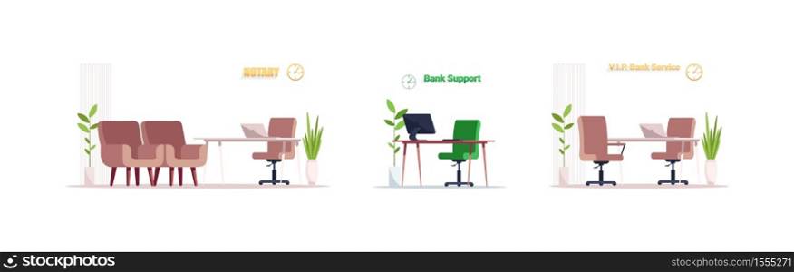 Bank lobby furniture semi flat RGB color vector illustration set. Waiting area indoors. Desk and chair for financial consultation isolated cartoon object on white background collection. Bank lobby furniture semi flat RGB color vector illustration set