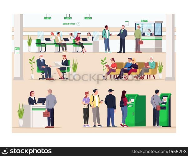 Bank lobby semi flat vector illustration. Financial consultation. Reception and waiting lounge. Queue to ATM terminal. Bank customers and managers 2D cartoon characters for commercial use. Bank lobby semi flat vector illustration.