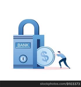 Bank lock or strongbox and businessman rolls coin,safe deposit to the bank,male character in trendy style isolated on white background, vector illustration