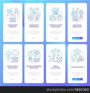 Bank management onboarding mobile app page screen set. Crisis prevention process walkthrough 8 steps graphic instructions with concepts. UI, UX, GUI vector template with linear color illustrations. Bank regulation onboarding mobile app page screen set